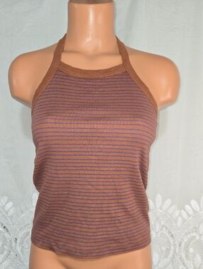 Gilded Intent Brown and Blue Striped Halter Tank Top Sz Large